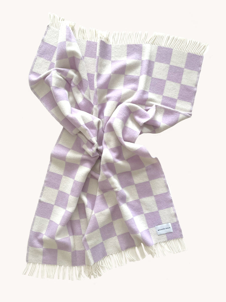Wolldecke - "Checkerboard Blanket" Lilac White